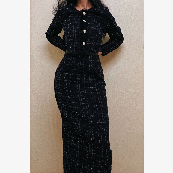 Classic Tweed Button Crop Jacket Midi Frayed Hem Skirt Set - Picture 3 of 10